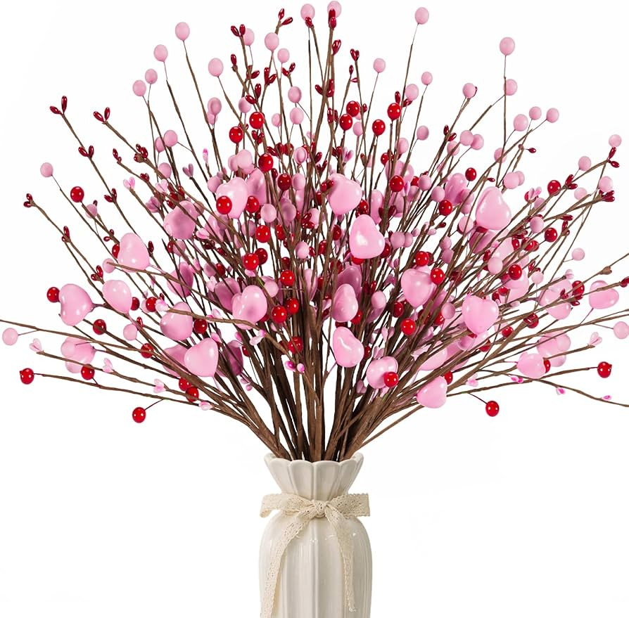 Valentine's Day Gifts 24 Pack Pink Heart Shaped Berry Picks with Red Berries for Valentines Day W... | Amazon (US)