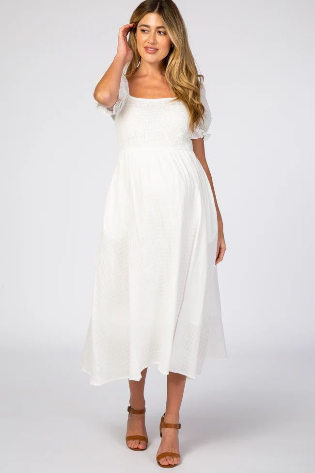 White Smocked Puff Sleeve Maternity Midi Dress | PinkBlush Maternity