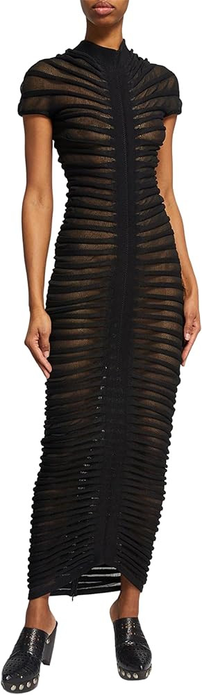 Atyfuniby Womens Sweater Bodycon Dresses Short Sleeve Crochet Knit Tube Sheer Stripe Mock Neck Mi... | Amazon (US)