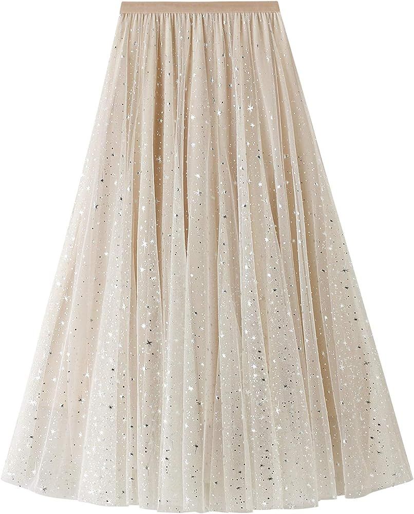 Women Tutu Tulle Skirt Elastic High Waist Layered Skirt Floral Print Mesh A-Line Midi Skirt | Amazon (US)