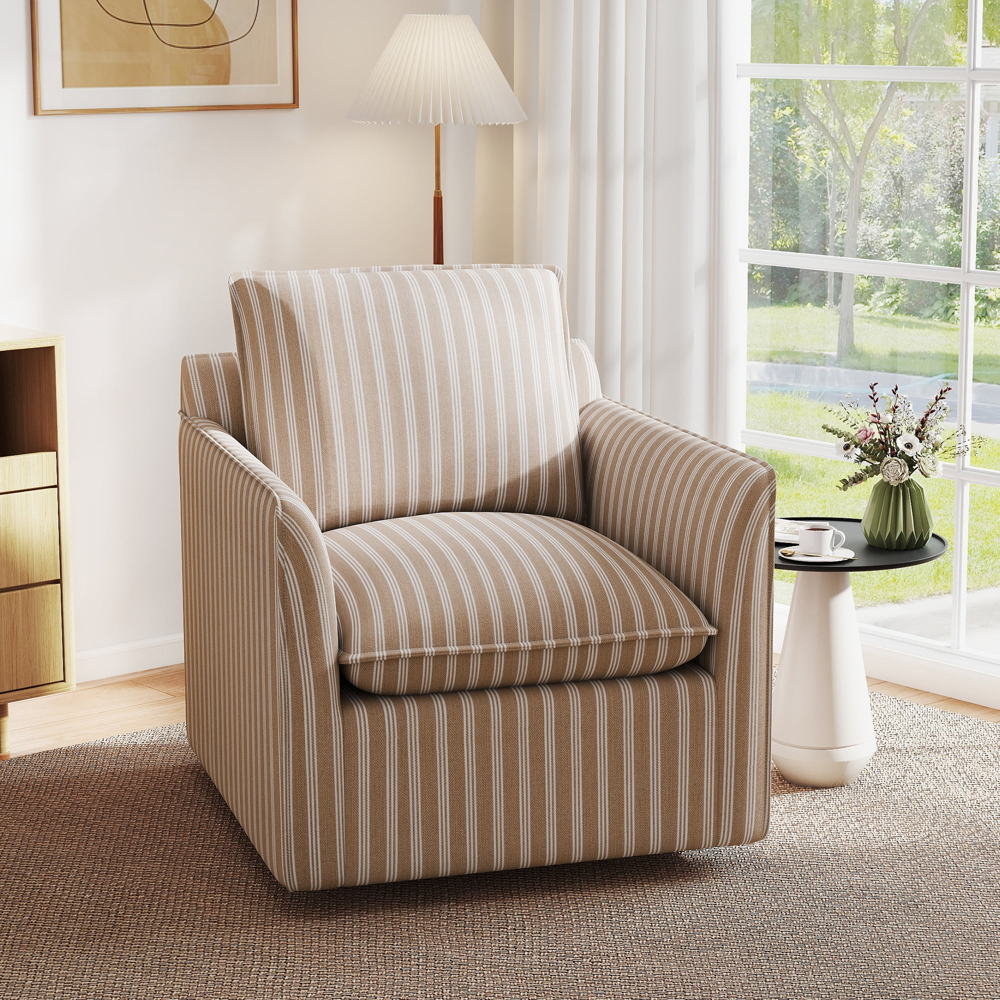 Bonzy Home 360° Swivel Chair with Thick Cushion – Brown Stripe Fabric Accent Chair for Living ... | Walmart (US)