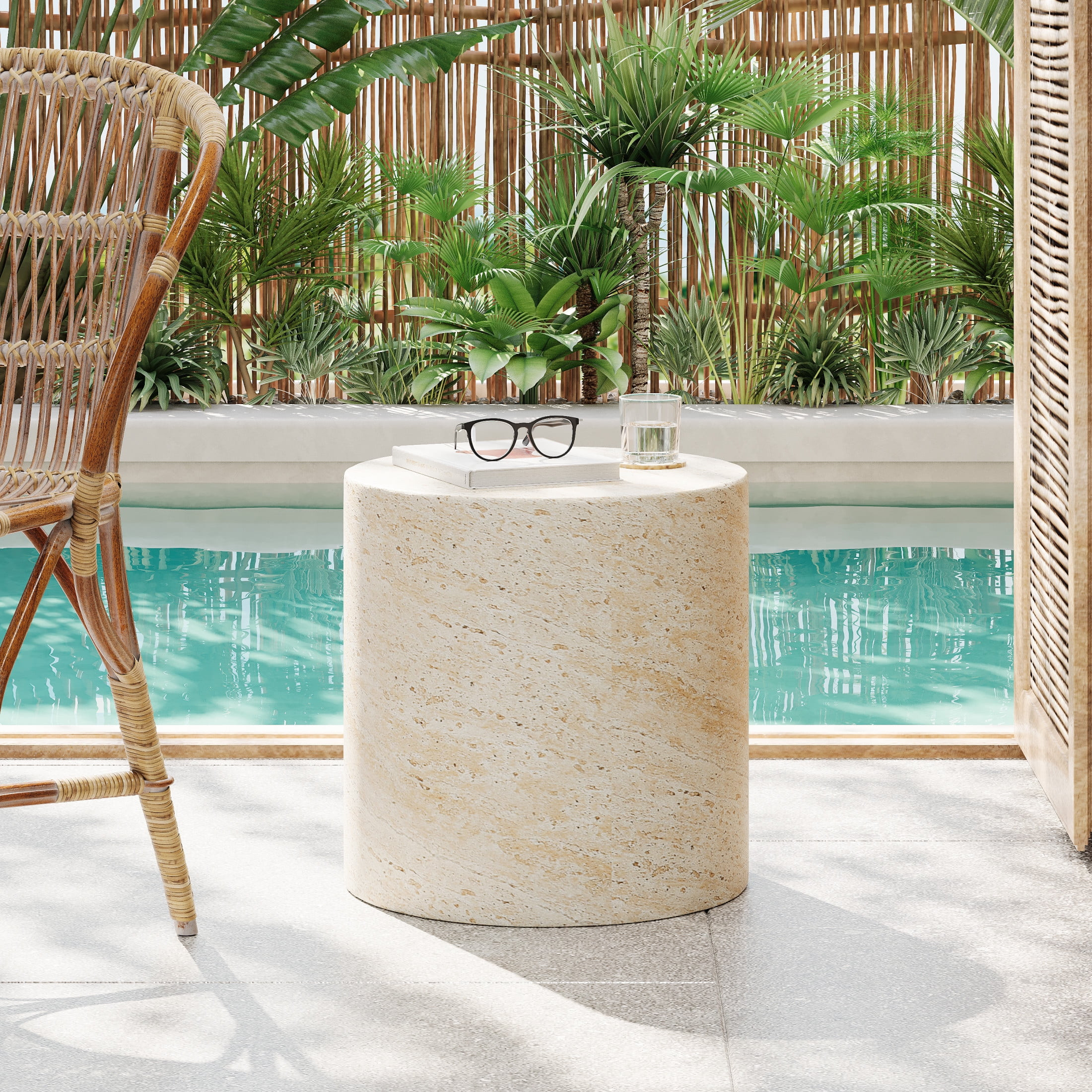Zayden Outdoor Patio Round Accent Table, Concrete, Beige Travertine | Walmart (US)