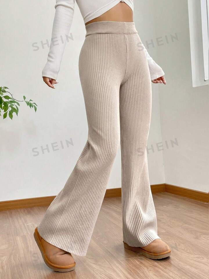 SHEIN EZwear High Waist Flare Leg Khaki Knit Pants | SHEIN
