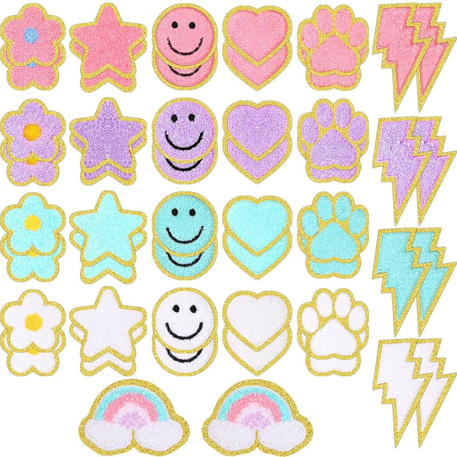Yilloog 50 Pcs Self Adhesive Chenille Patches Paw Print Smile Face Heart Patch Preppy Sticker Che... | Amazon (US)