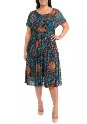 Robbie Bee Plus Size Printed Tie Waist Fit and Flare Dress, Teal, 1X | Belk