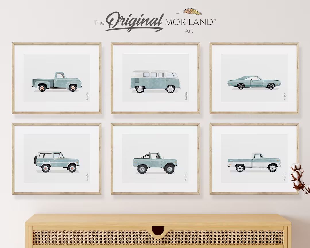 Pale Blue Classic Cars Art Prints - Printable Set of 6, Car Poster, Boy Nursery Decor, Car Prints... | Etsy (US)