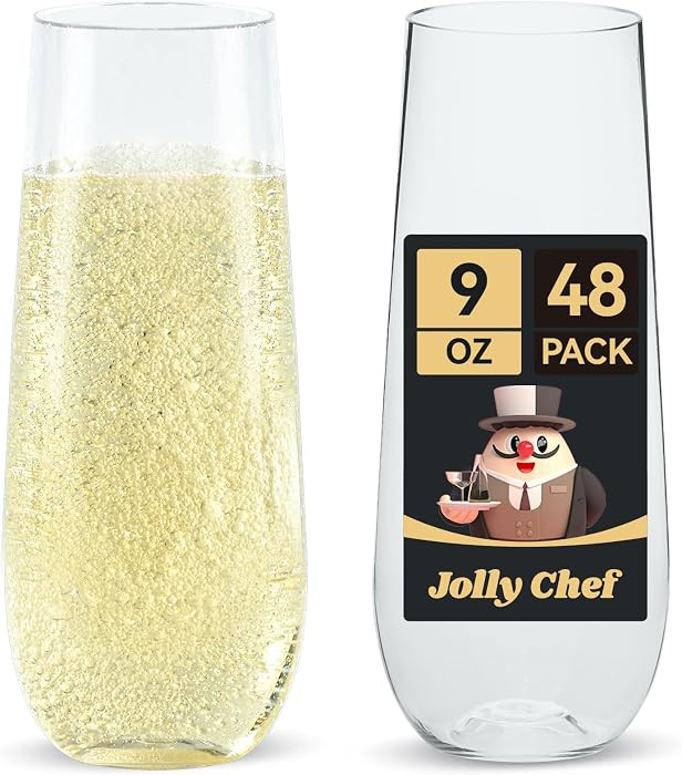 JOLLY CHEF 48 Pack Stemless Plastic Champagne Flutes 9 oz, Crystal Clear Stemless Plastic Toastin... | Amazon (US)
