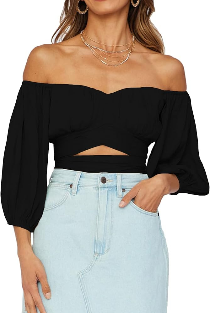 Umenlele Women's Sexy Off Shoulder Ruched Puff Half Sleeve Tie Knot Blouse Crop Top | Amazon (US)