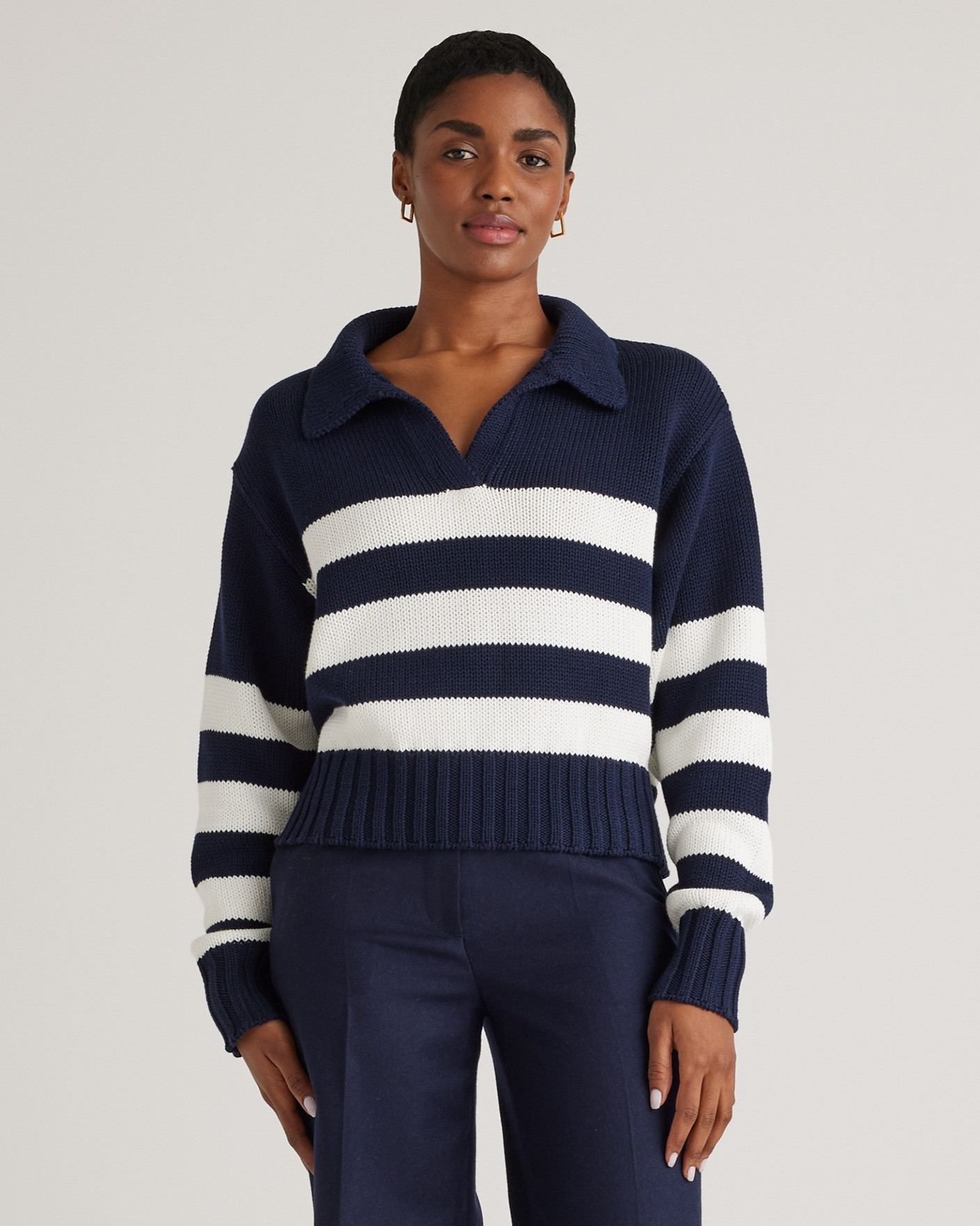 Quince | Women's 100% Organic Cropped Cotton Polo Sweater in Navy/White, Size Small, Organic Cotton | Quince