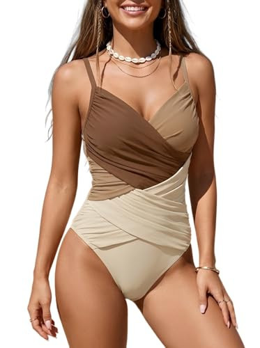 B2prity Women's One Piece Swimsuit Tummy Control Criss Cross Slimming Bathing Suit Full Coverage Swim Suit V Neck Swimwear | Amazon (US)