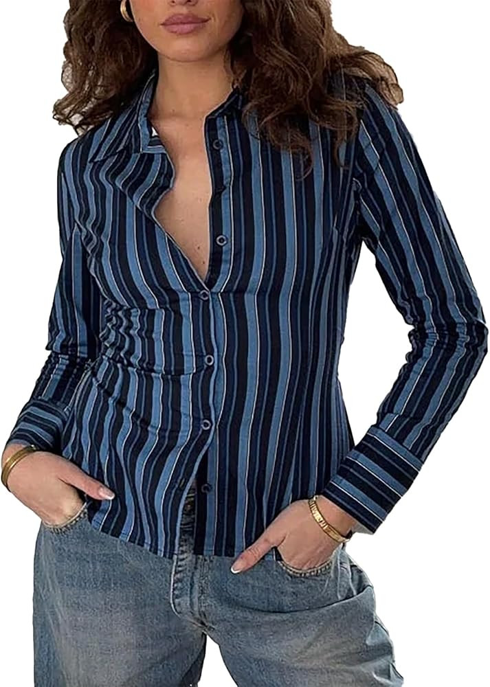 Women Y2k Button Down Slim Fit Shirt Lapel V Neck Striped/Solid Long Sleeve Blouse Back Tie Work ... | Amazon (US)