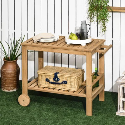 Outdoor Wood Bar Cart Patio Serving Cart with Wine Holders, Natural | Wayfair North America