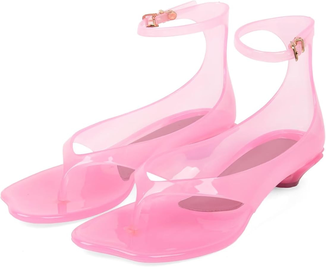 Agodor Jelly Thong Heeled Sandals for Women,Clear Flip Flop Low Kitten Heels for Women Square Ope... | Amazon (US)