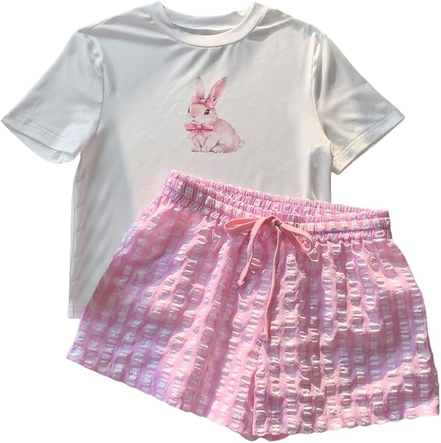 Verdusa Women's 2 Piece Cute Sets Graphic Tees with Gingham Lounge Shorts Summer Outfits | Amazon (US)