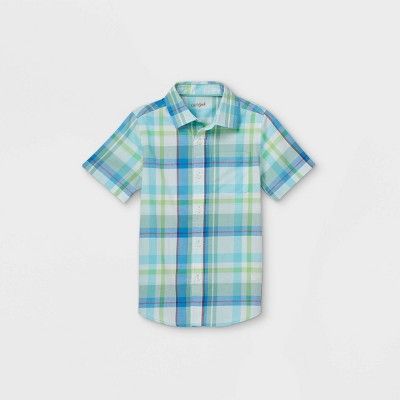 Boys' Woven Short Sleeve Button-Down Shirt - Cat & Jack™ Light Blue/Green | Target