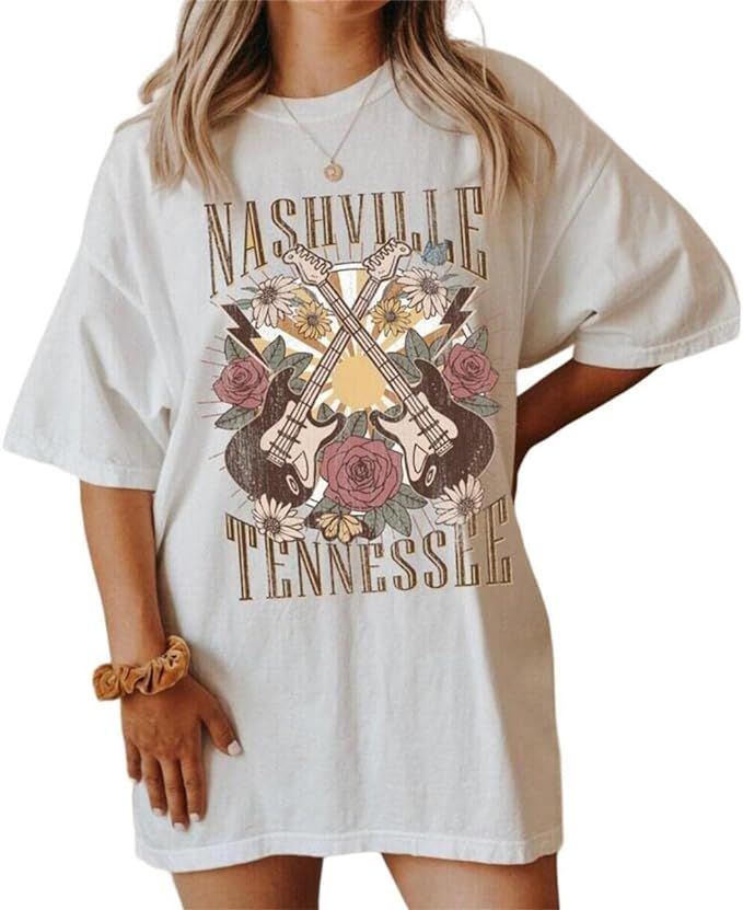 Oversized Nashville Shirts Women Country Music Concert Outfits Casual Rock Band Graphic Tee Tops ... | Amazon (US)