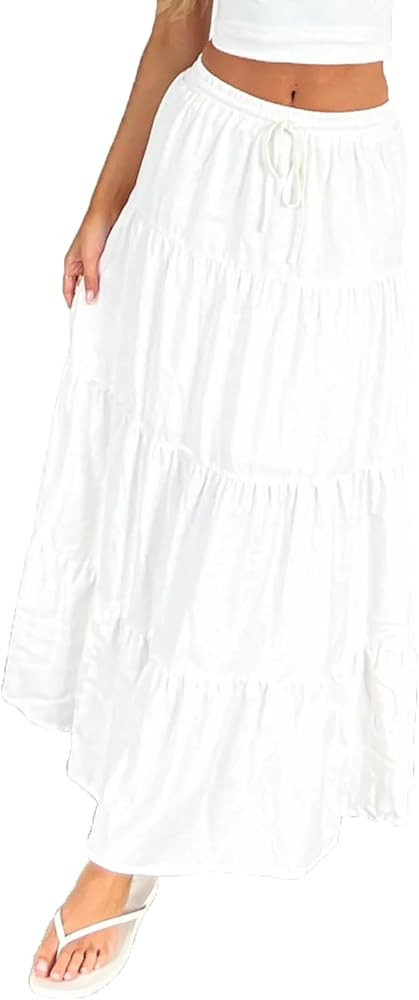 Fanvereka Summer Women Solid Color Long Flowy Skirt Y2K Low Rise Tiered Ruffle Maxi Skirt for Tee... | Amazon (US)