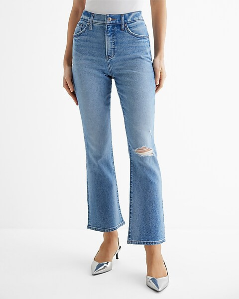 High Waisted Light Wash Ripped Cropped Flare Jeans | Express