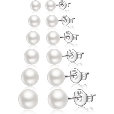 925 Sterling Silver Stud Earring Set: Pearl, Cubic Zirconia & Ball Designs for Multiple Piercings Silver One Size | Target