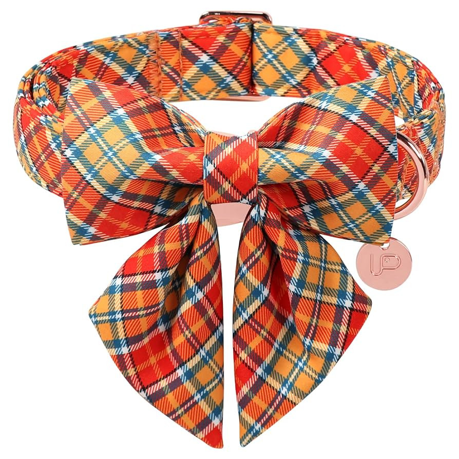 Autumn Plaid Dog Collar and Bow Tie Set – Orange Yellow Checkered Adjustable Fall Collar with M... | Amazon (US)