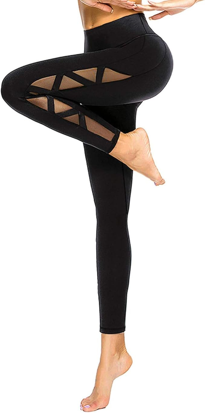 romansong Women's Mesh Leggings Yoga Pants with Pocket, Non See-Through Capri High Waisted Tummy ... | Amazon (US)