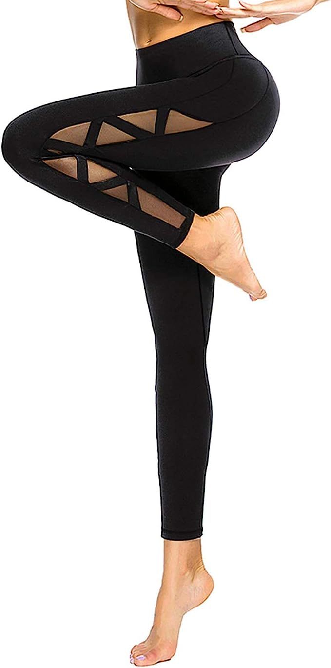 romansong Women's Mesh Leggings Yoga Pants with Pocket, Non See-Through Capri High Waisted Tummy ... | Amazon (US)