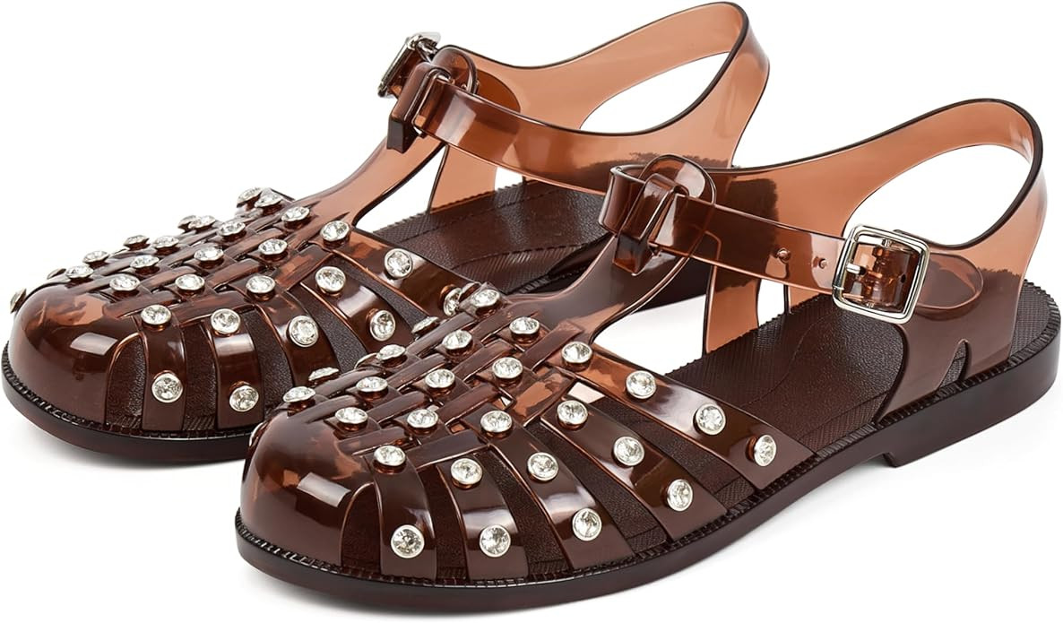 Jelly Sandals for Women Jelly Fisherman Sandals Rhinestone Adjustable Buckle Flat Caged Jelly Sho... | Amazon (US)