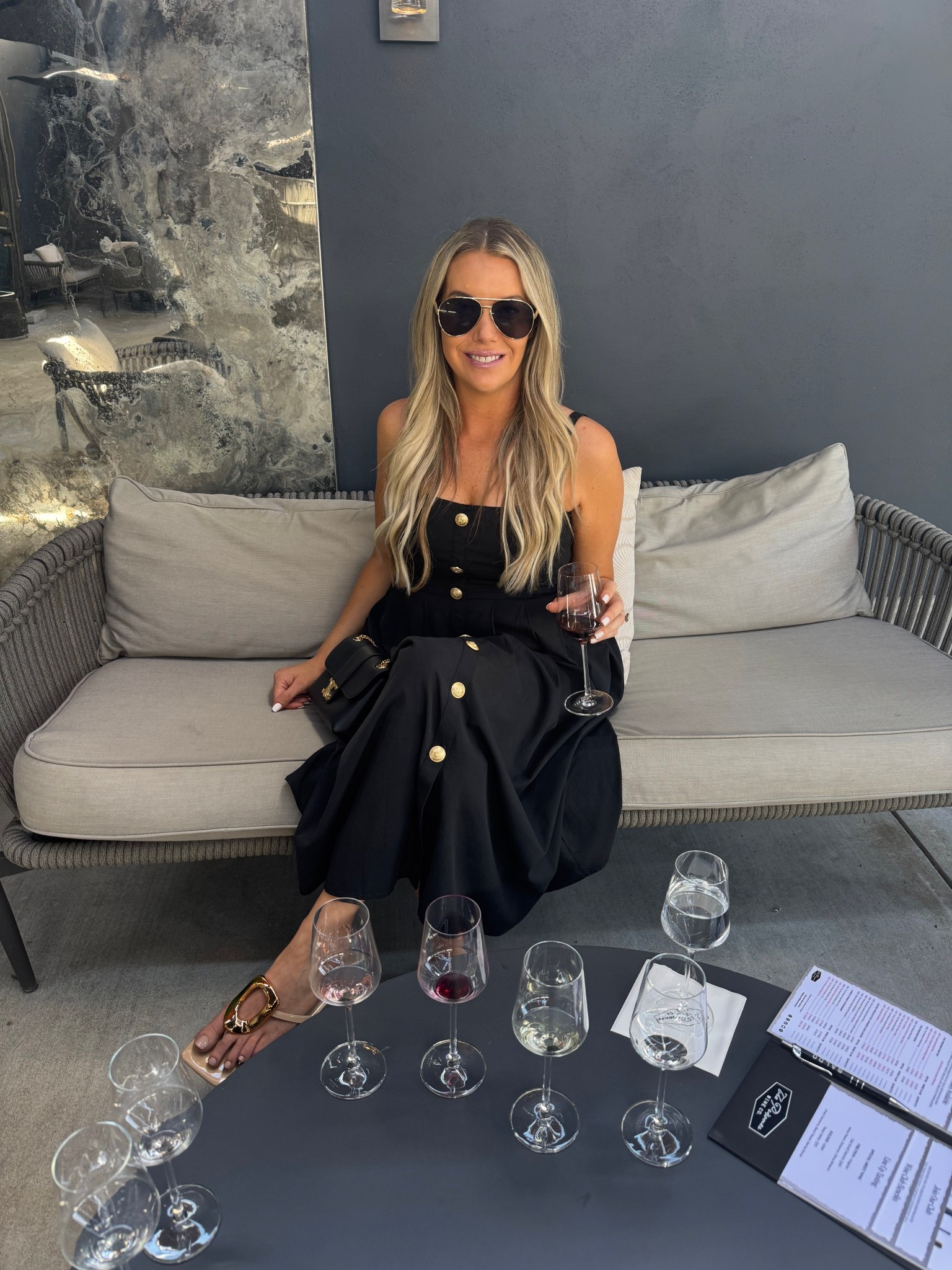 Wore this look wine tasting in Napa. Perfect to wear to a winery because it’s lightweight … and for me because it’s black! Shoes and sunglasses are from Amazon and are some faves of mine!