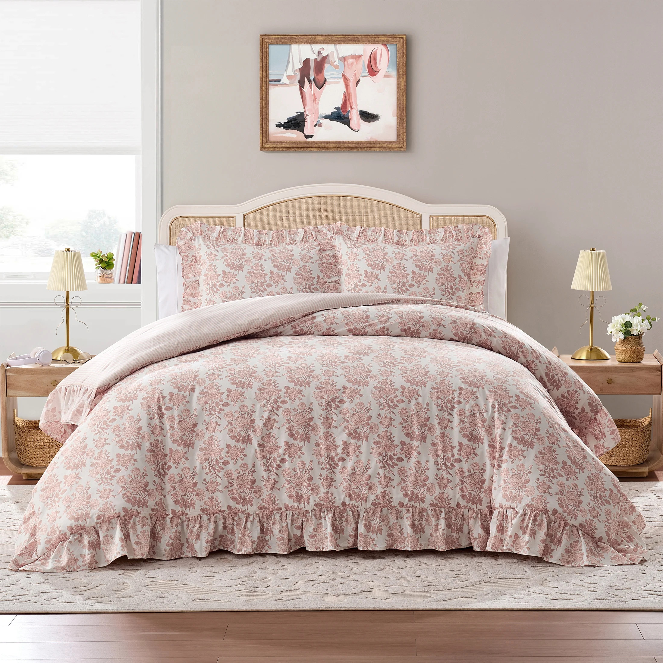 My Texas House 3-Piece Pink Floral Toile Comforter Set with Ruffle Flange, Full/Queen | Walmart (US)