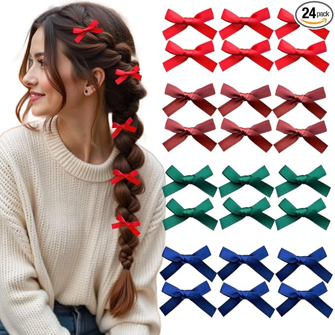 24 PCS Small Hair Ribbon Bow Clips for Women, Girls, Teens, Toddlers, Baby, Romantic Red Blue Gre... | Amazon (US)