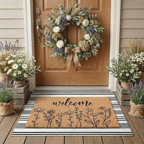 Drydiet 2 Pcs Spring Outdoor Layered Doormat Set Wildflower Welcome Coir Front Door Mat with Black White Striped Rug, Non Slip Porch Entryway Rug for Summer Indoor Outdoor Farmhouse Decor | Amazon (US)