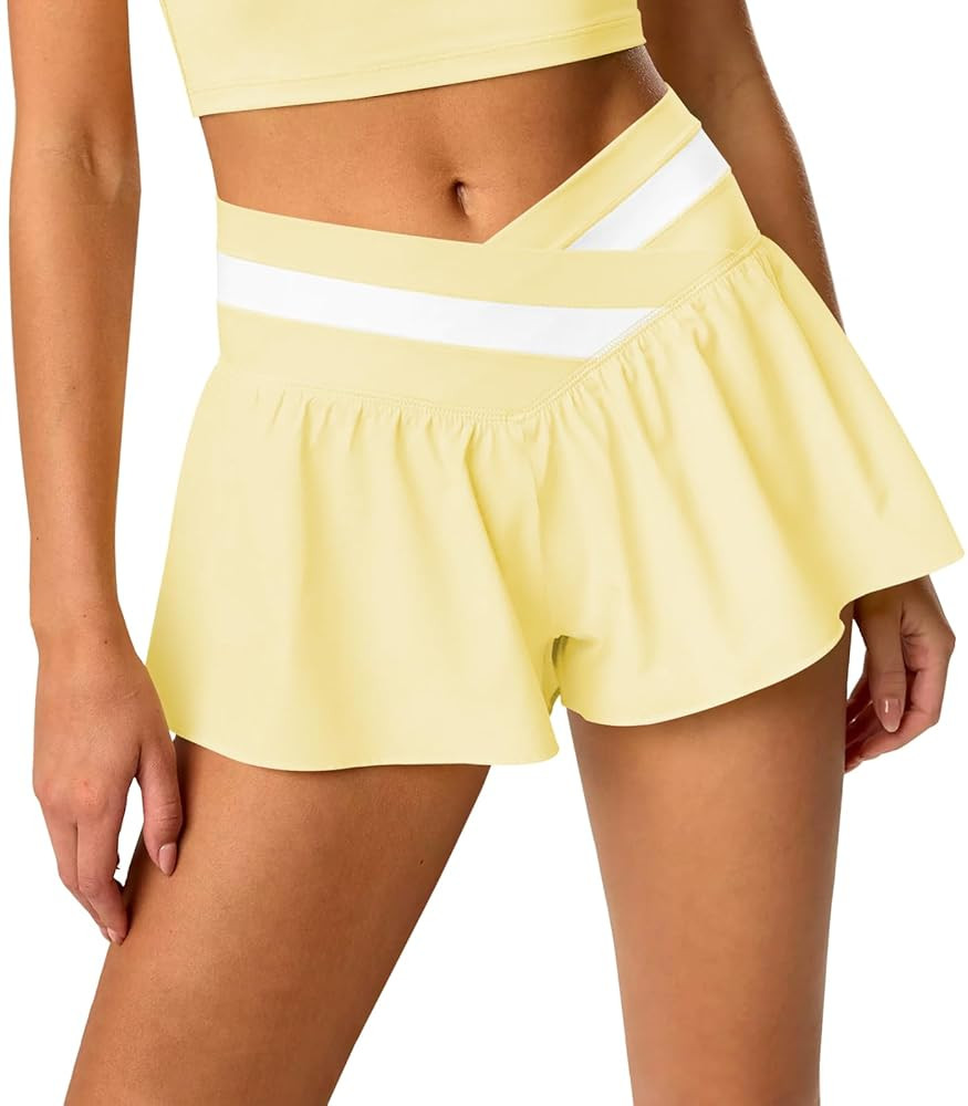 Womens Athletic Workout Shorts Flowy Butterfly Elastic Crossover High Waisted 2 in 1 Running Shor... | Amazon (US)