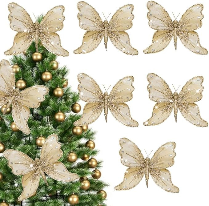 8PCS Glitter Xmas Butterfly Ornaments - Artificial Butterfly Decorations with Clips for Christmas... | Amazon (US)