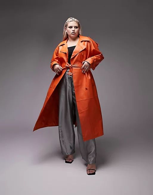 Topshop Curve longline faux leather trench in orange | ASOS | ASOS (Global)
