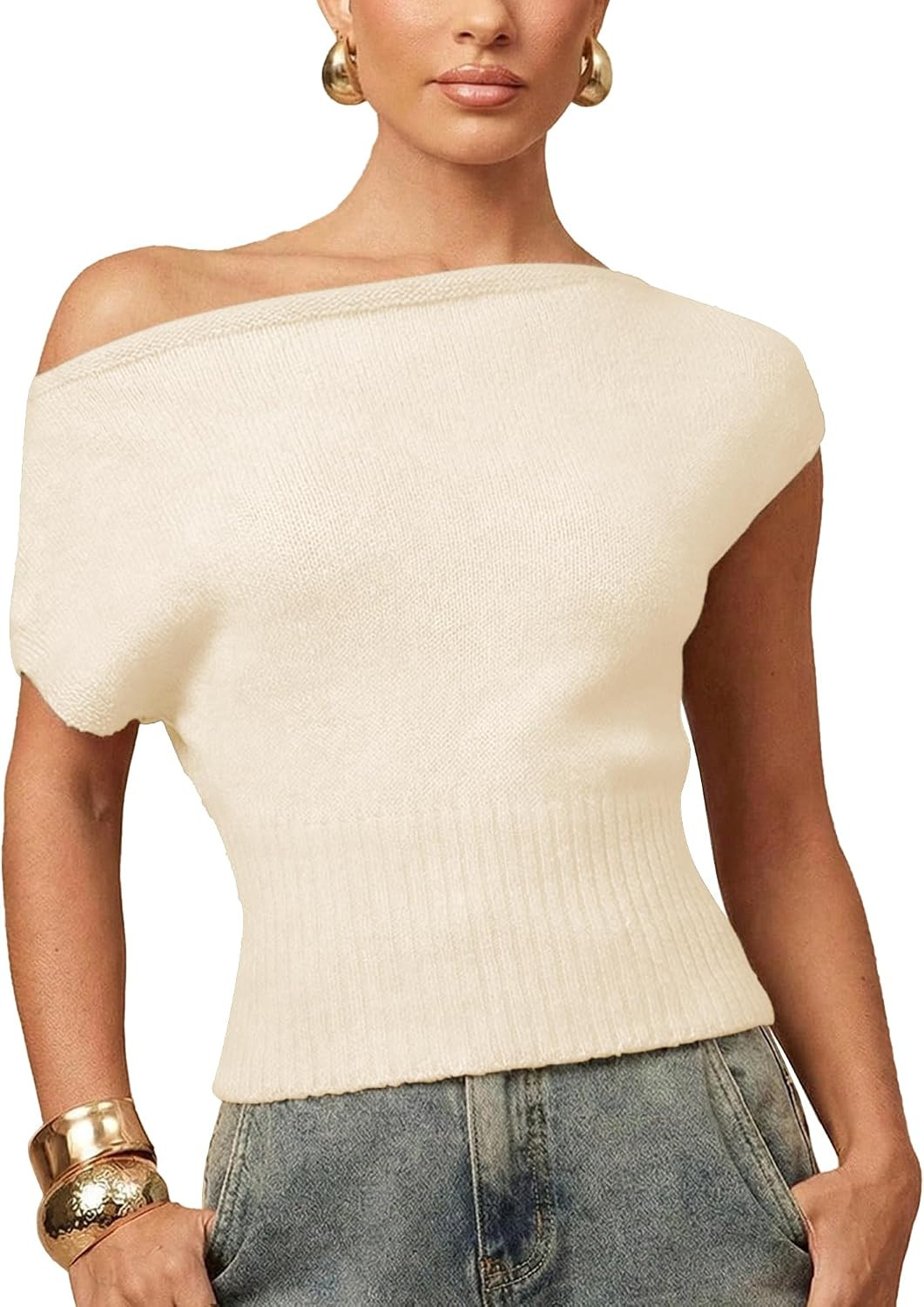 Hixiaohe Off The Shoulder Tops for Women Casual Ribbed Knitted Cap Sleeve Slim Fit Shirts Sexy Asymmetrical Pullover Blouses | Amazon (US)