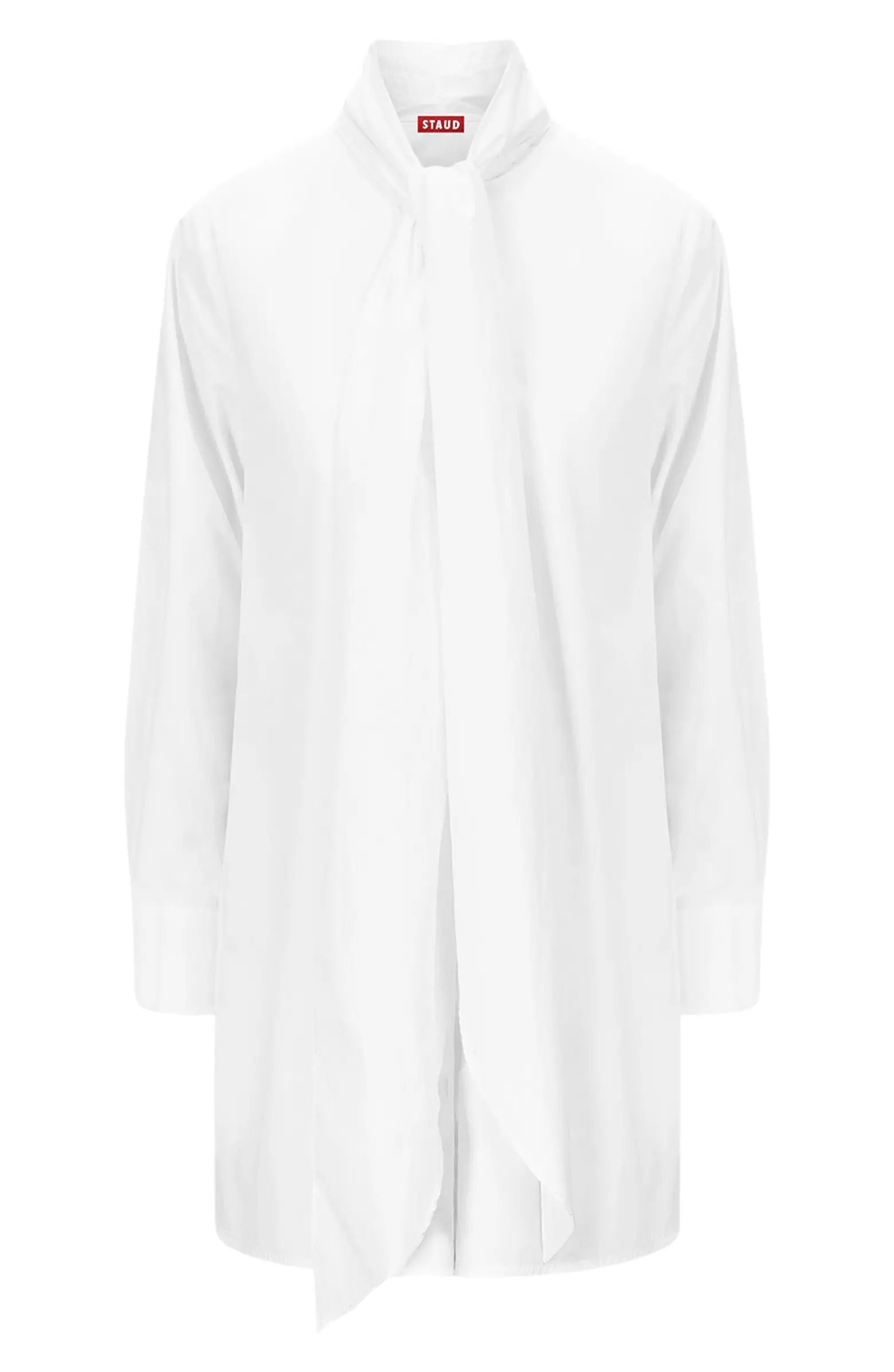 STAUD Maryn Tie Neck Long Sleeve Stretch Cotton Poplin Mini Shirtdress | Nordstrom | Nordstrom