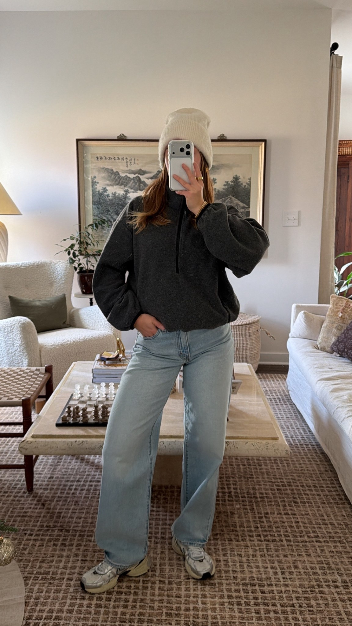 12/7/25 my casual winter outfit of the day, linking my Aritzia fleece, my Levi’s baggy jeans, my Nike sneakers that I wear nonstop, and my Abercrombie knit hat. Cozy, easy, everyday essentials.