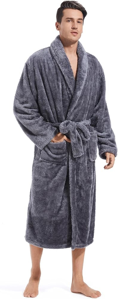 Inner Wish Mens Plush Fleece Robe, Cozy Warm Bathrobe Fuzzy Male Spa Long Robe With Pockets (DARK... | Amazon (US)