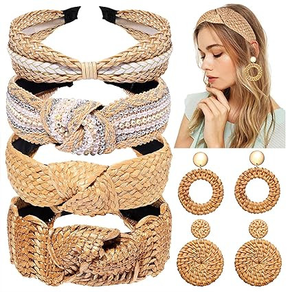 6Pack Straw Headbands Rattan Earrings for Women, Boho Raffia Straw Knotted Hairband, Wide Woven T... | Amazon (US)