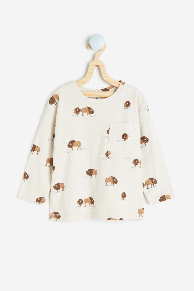 Long-sleeved Patterned Shirt - Natural white/bison - Kids | H&M US | H&M (US + CA)