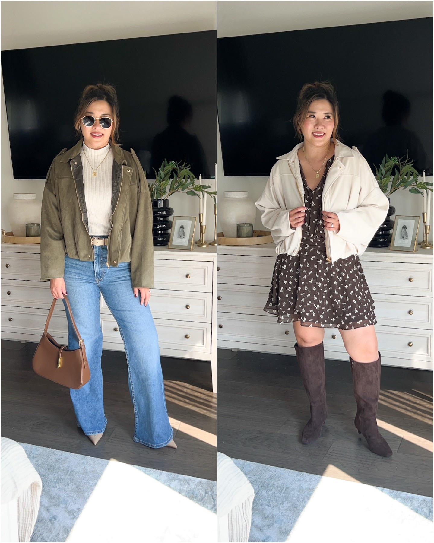 Styling the viral suede jacket for Fall! Looks like Zara, but she is from Amazon!
Sweater Tank: Medium
Jeans: 29
Green Jacket: Medium

Angel Sleeve Brown Dress: Medium Tall
Cream Jacket: Small