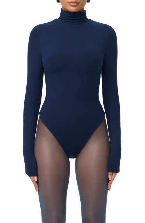Naked Wardrobe Butter Turtleneck Long Sleeve Bodysuit in Navy Blue at Nordstrom, Size Large | Nordstrom