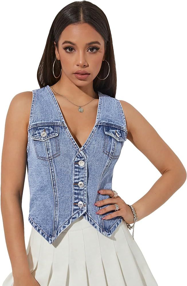 Verdusa Women's V Neck Asymmetrical Hem Sleeveless Button Front Denim Vest Top | Amazon (US)