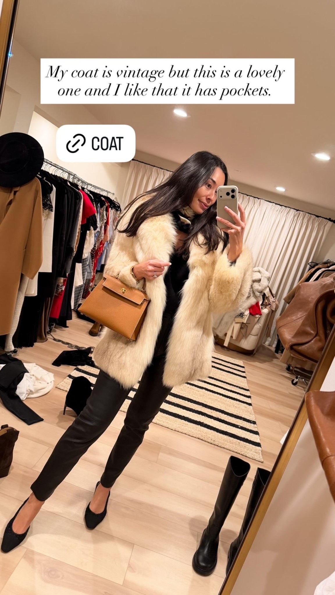 My coat is vintage but this is a lovely one and I like that it has pockets! Winter outfit, fall outfit, fur coat, Hermes Kelly bag, Kat Jamieson style, leather pants. 

#LTKootd #LTKdayinmylife #LTKHoliday