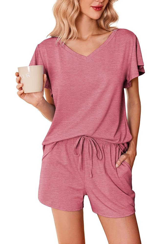 Ekouaer Women's Pajamas Set Ruffle Sleeves Sleepwear V Neck Comfy 2 Piece Pjs Loungewear Set with... | Amazon (US)