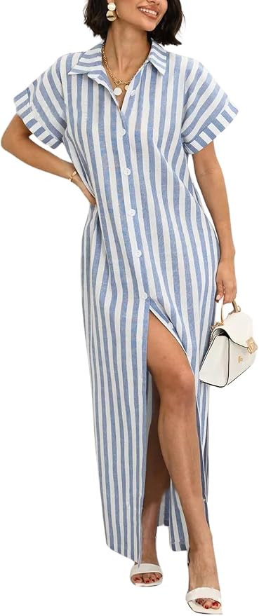 chouyatou Women's Summer Short Sleeve Striped Shirt Dress Beach Maxi Long Belted Casual Button Do... | Amazon (US)