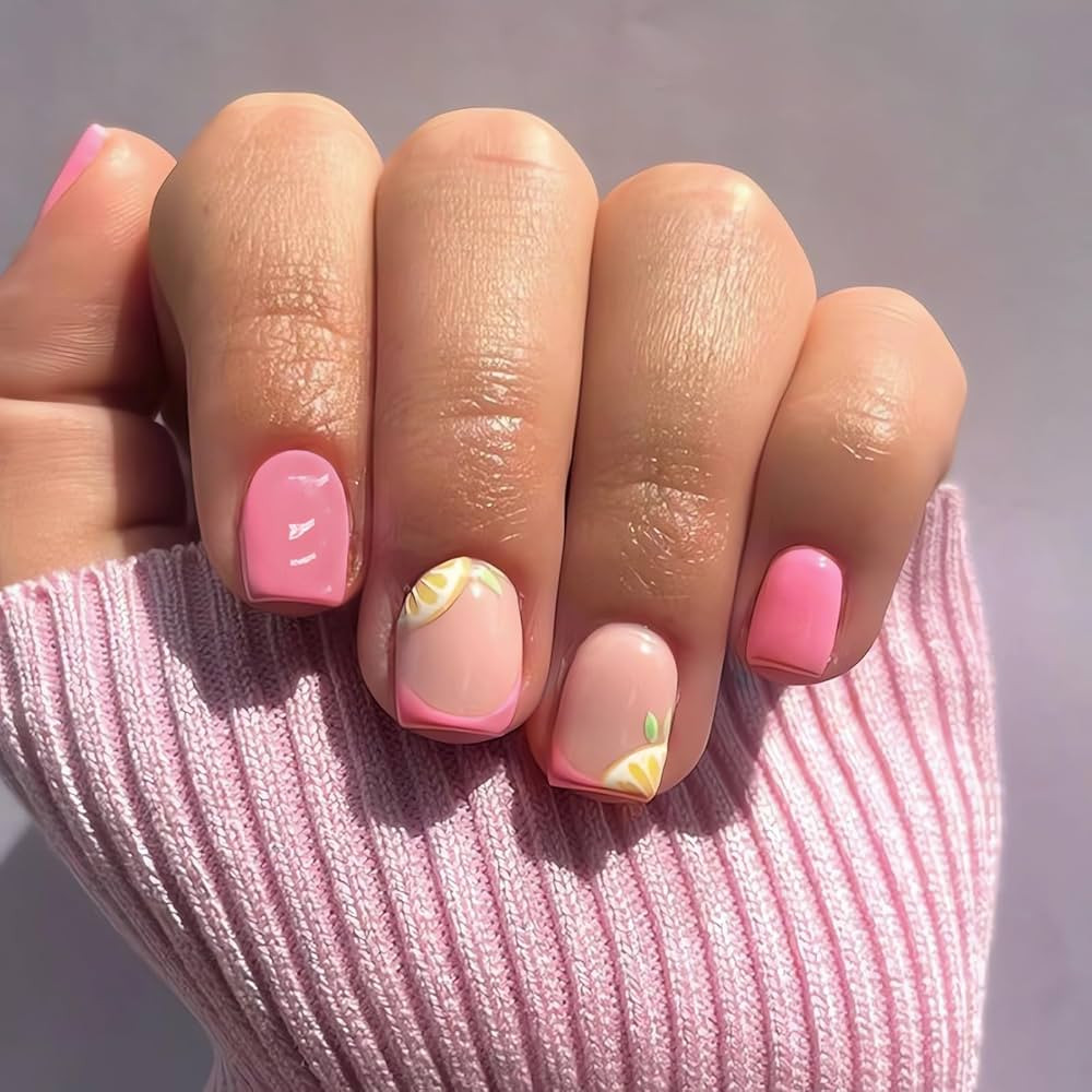 IMSOHOT Short Square Pink French Tip Fake Nails Cute lemon Designs Glossy Glue on 24 Units Summer... | Amazon (US)