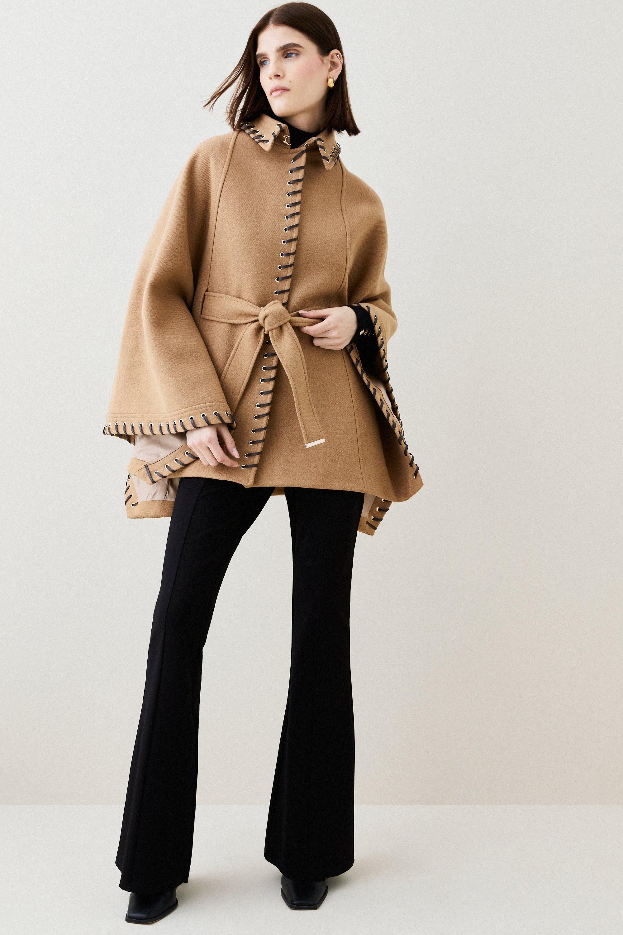 18.01 Italian Wool Cashmere Whipstitch Cape Coat | Karen Millen UK + IE + DE + NL