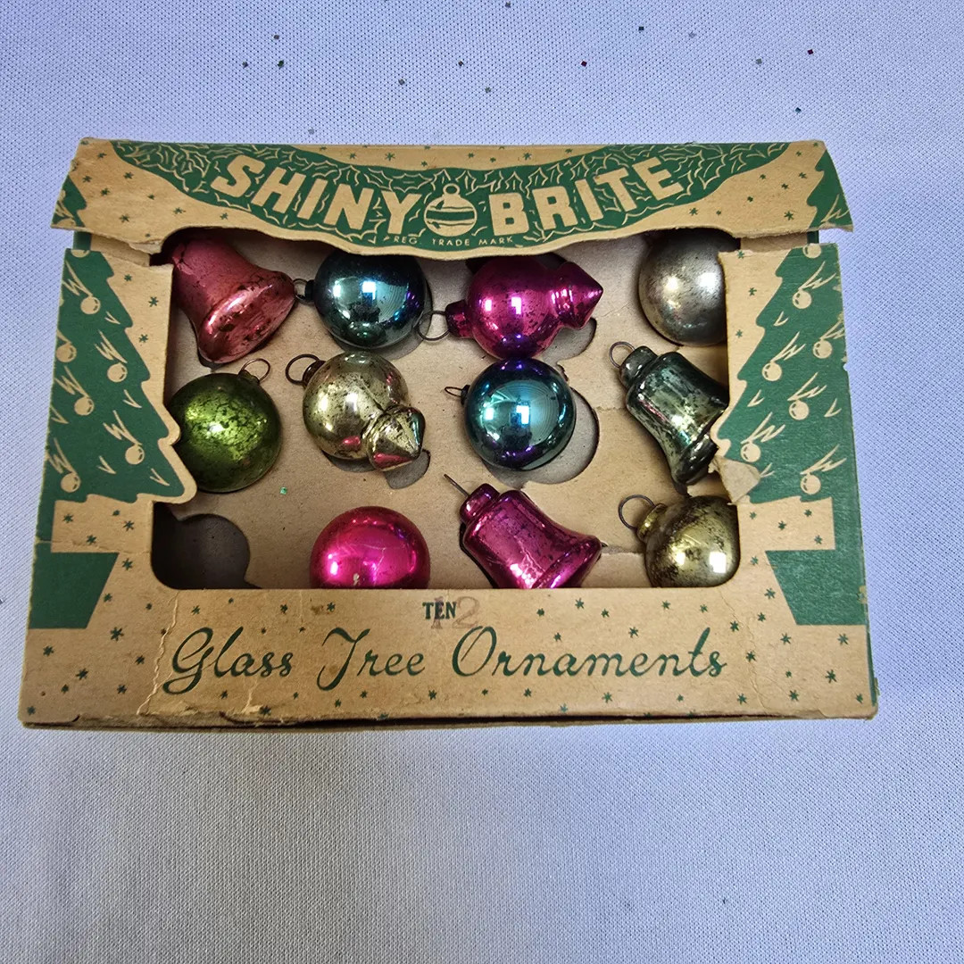 Vintage Shiny Brite Miniature Christmas Ornaments, Balls, Bells, Sphere, Original Box | Etsy (US)