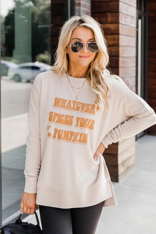 Whatever Spices Your Pumpkin Light Tan Graphic Sweatshirt | The Pink Lily Boutique